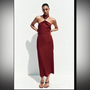 New Zara Linen Blend Burgundy Strapless Dress Medium